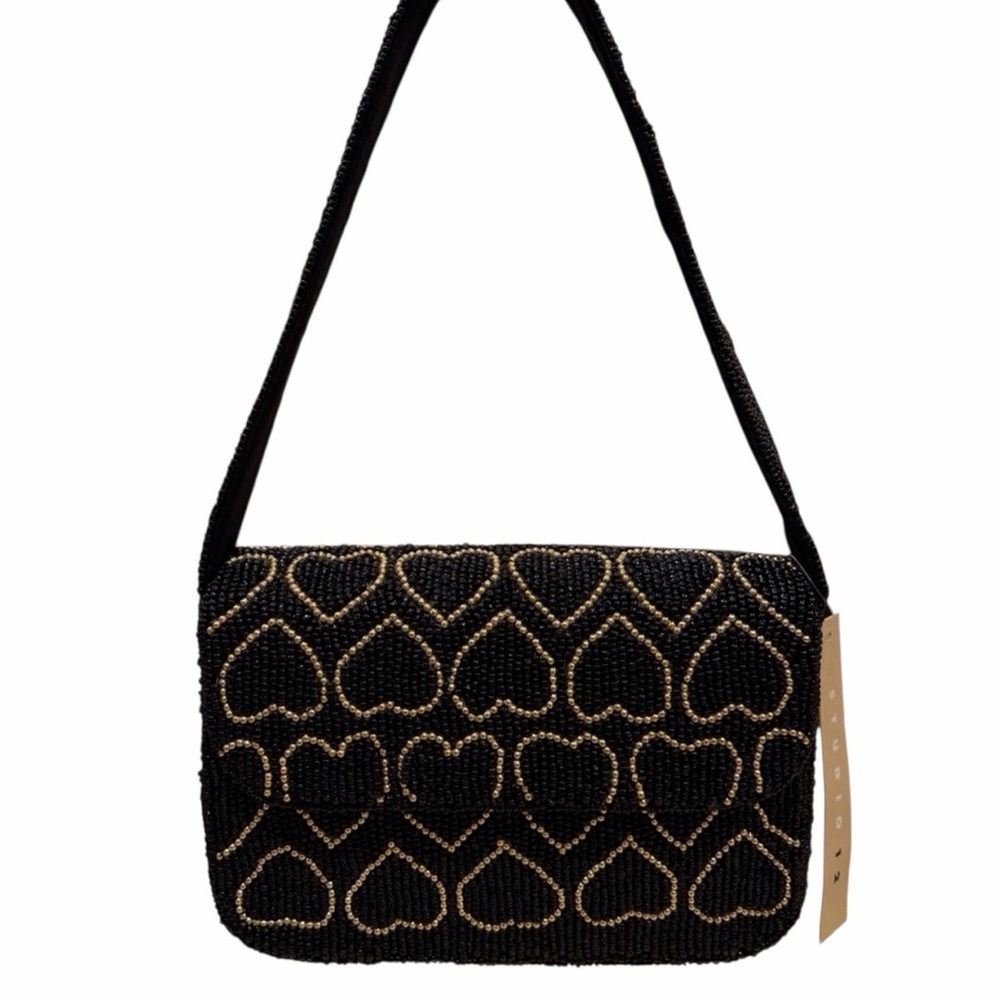 Studio12 Handmade in India Black and Gold Beaded Hearts Shoulder Bag